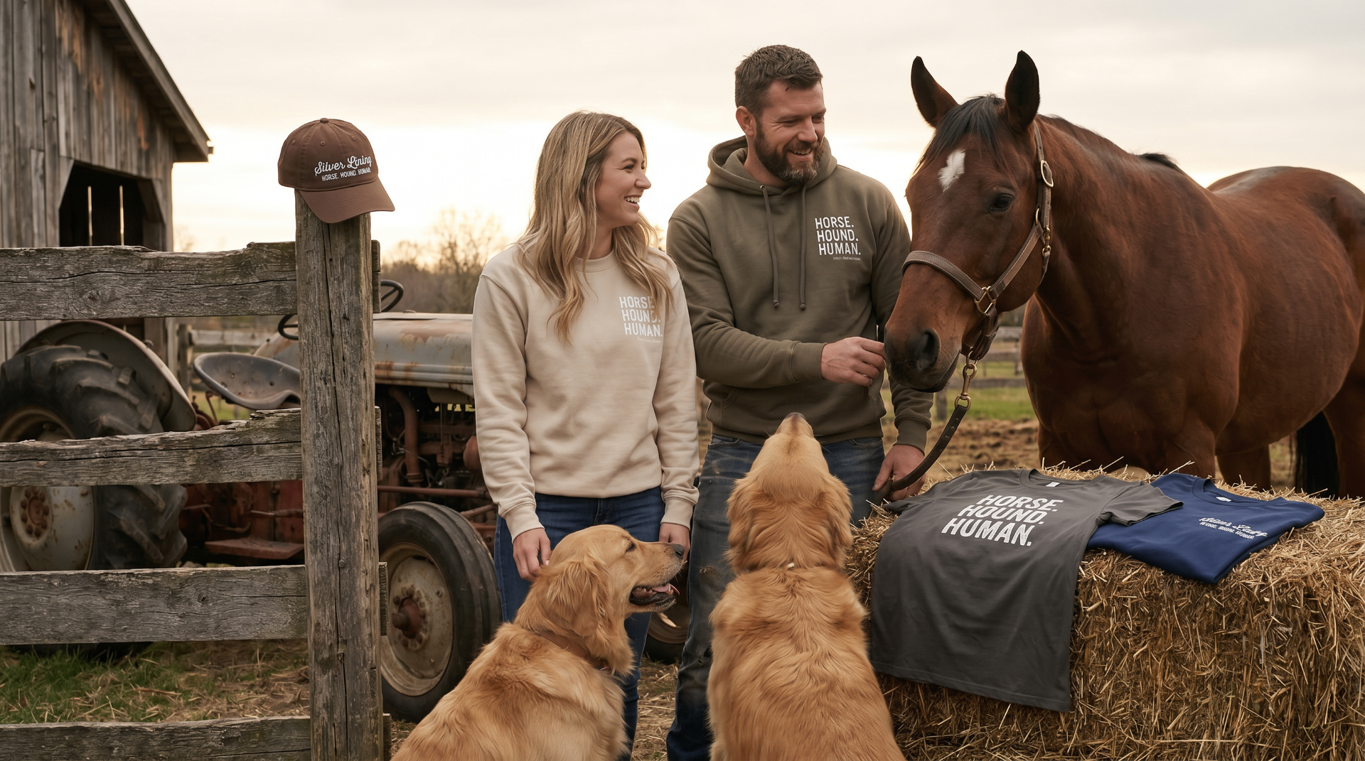 Man with horse and dog by barn